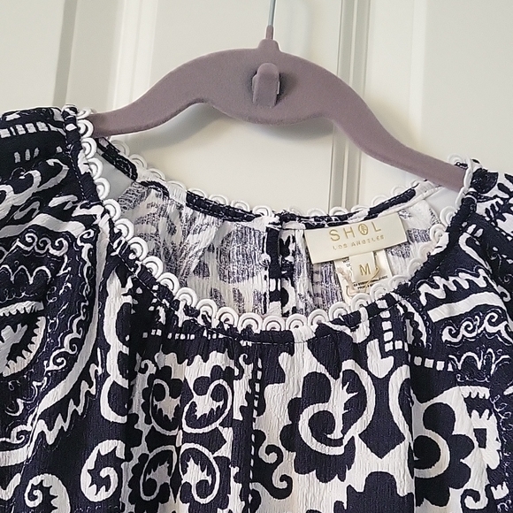 NWT Shol Los Angeles Black & White Boho Peasant Blouse Short Sleeve M - Picture 5 of 11